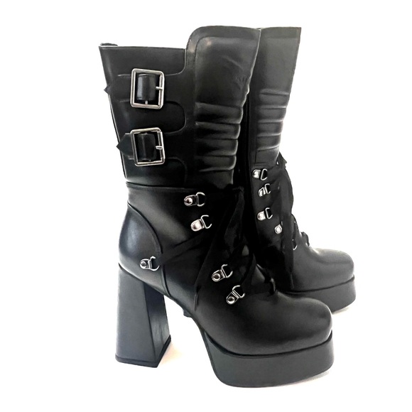 Killstar Shoes - New Killstar Dionisia Black Faux Leather PU Platform Buckle Zipper Goth Boot 7